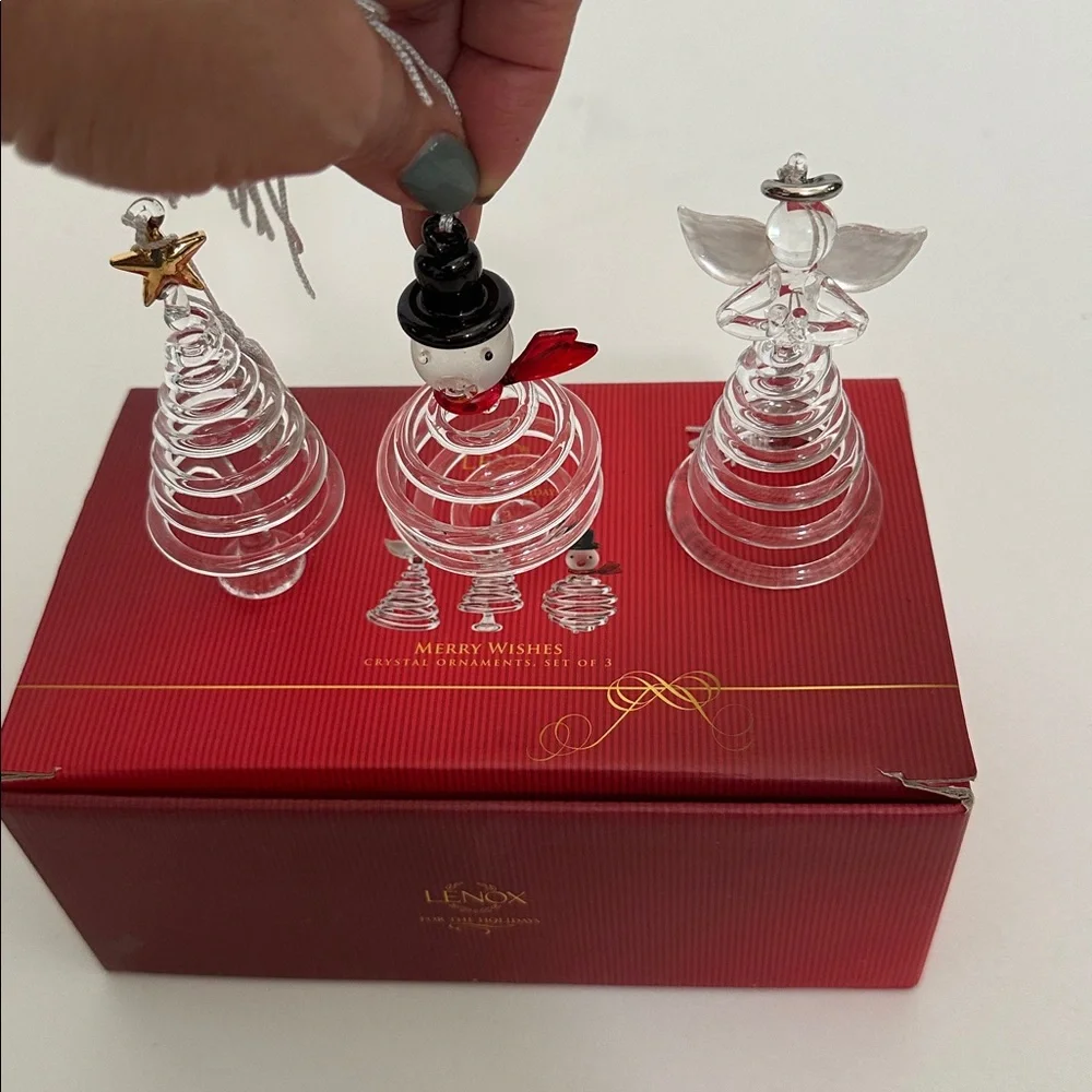 Lenox Merry Wishes Crystal Red and Gold Christmas Ornaments Set of 3